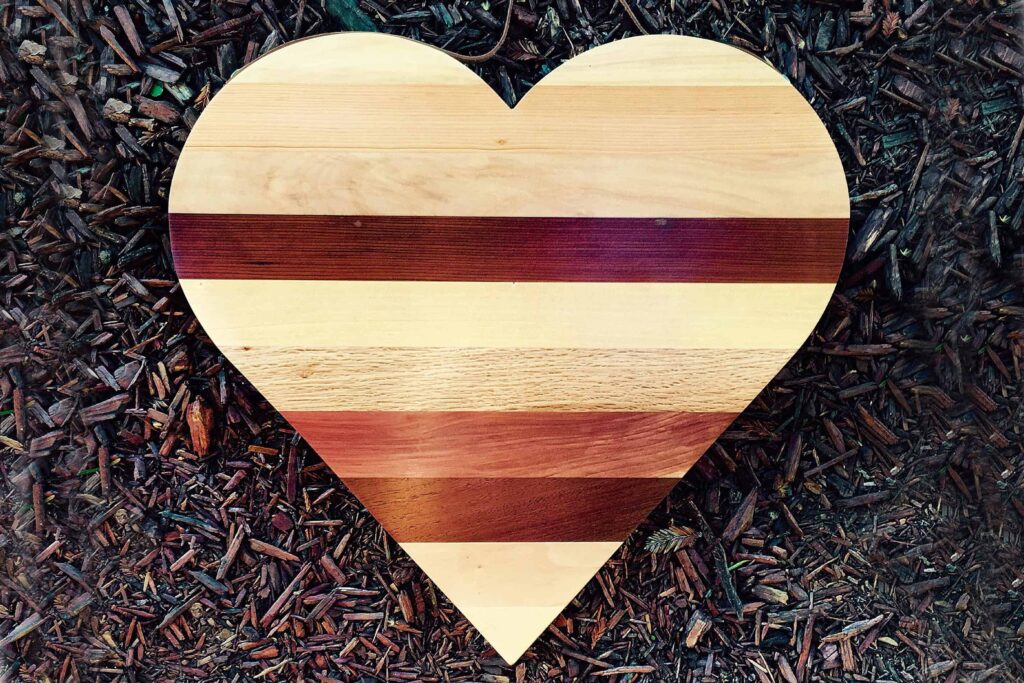 handmade wooden valentine heart made from mixed hardwoods